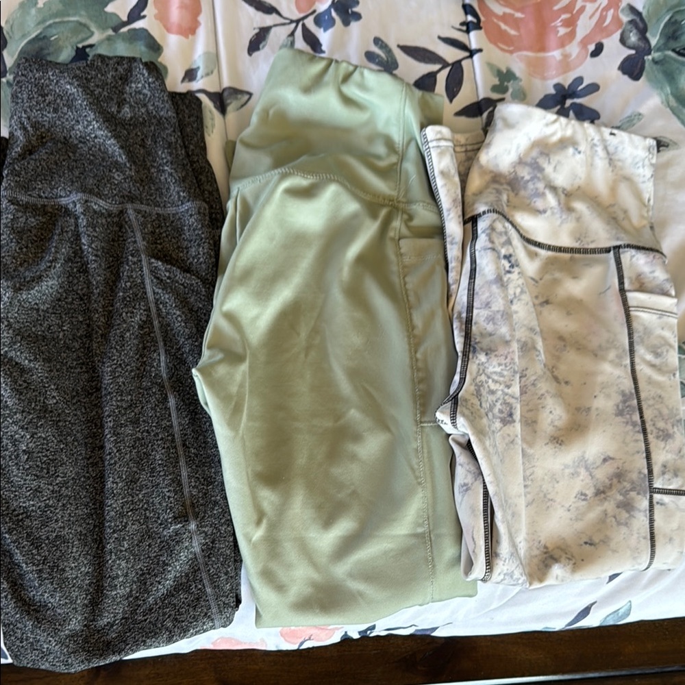 Set of Three Athletic Leggings - Gray, Green, and Cream
